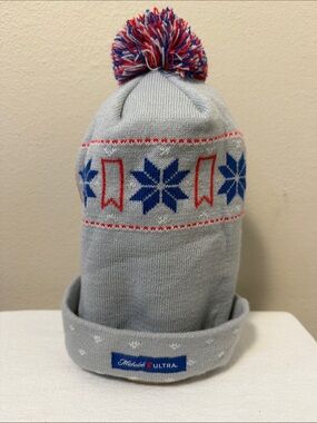 Michelob ULTRA Grey Winter Pom Beanie with Blue & Red Snowflake Pattern